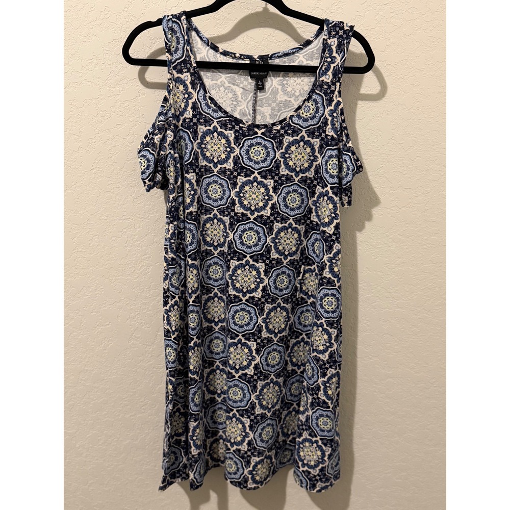 Derek Heart Navy Blue Yellow Medallion Cold Shoulder Dress Large Boho Geometric